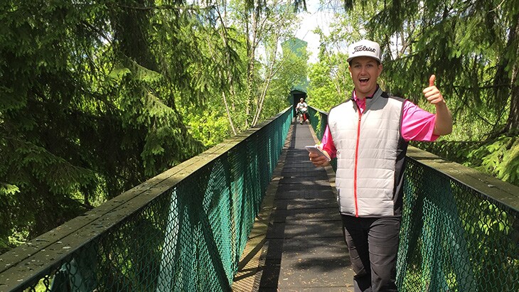 Joe celebrates after surviving the elevator ride...